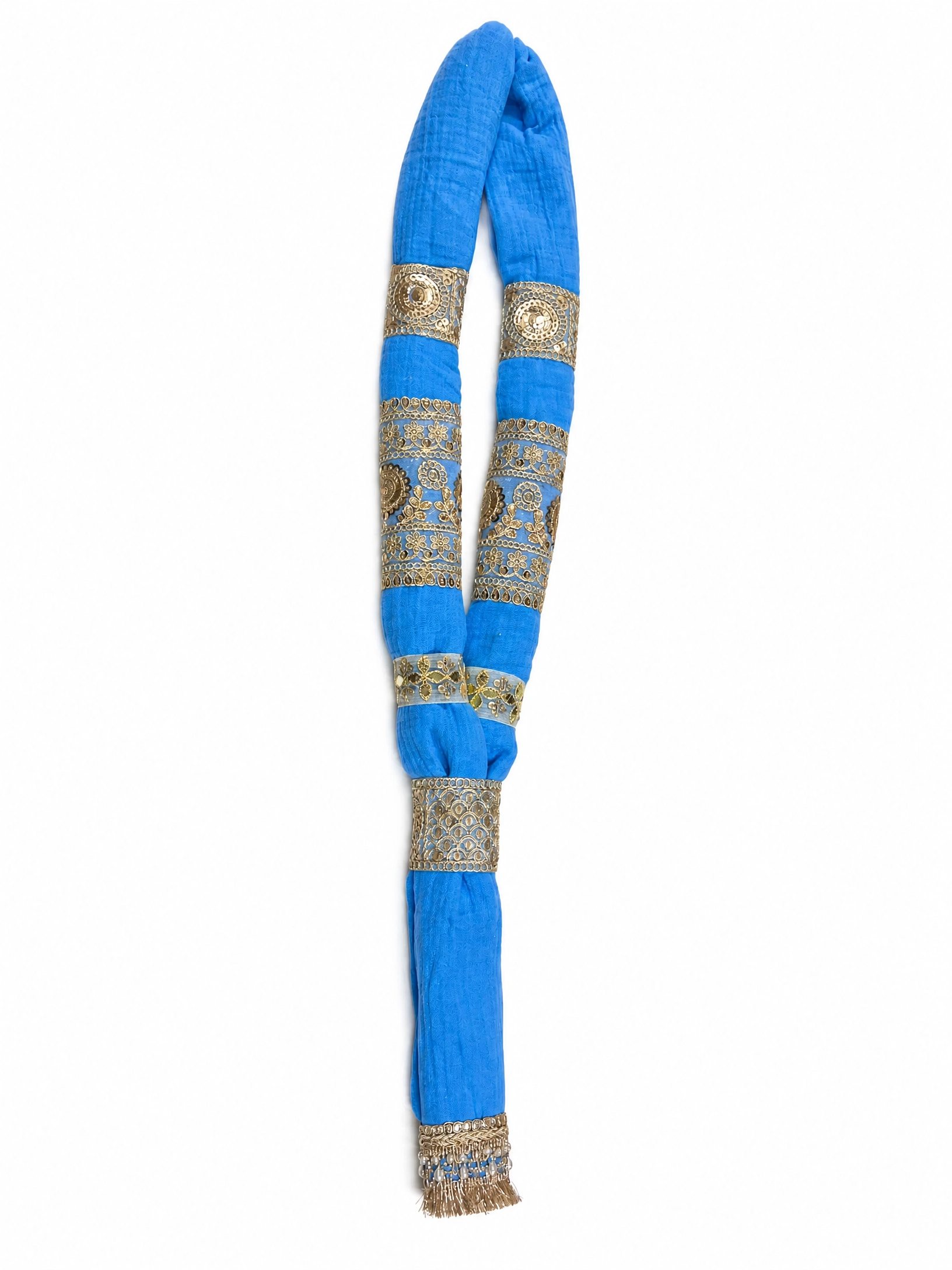 The Sapphire Maala — studio detail of the muslin garland