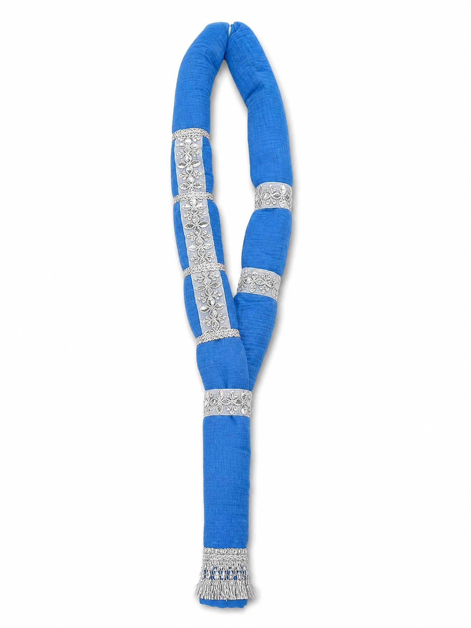 The Cobalt Maala — studio detail of the muslin garland