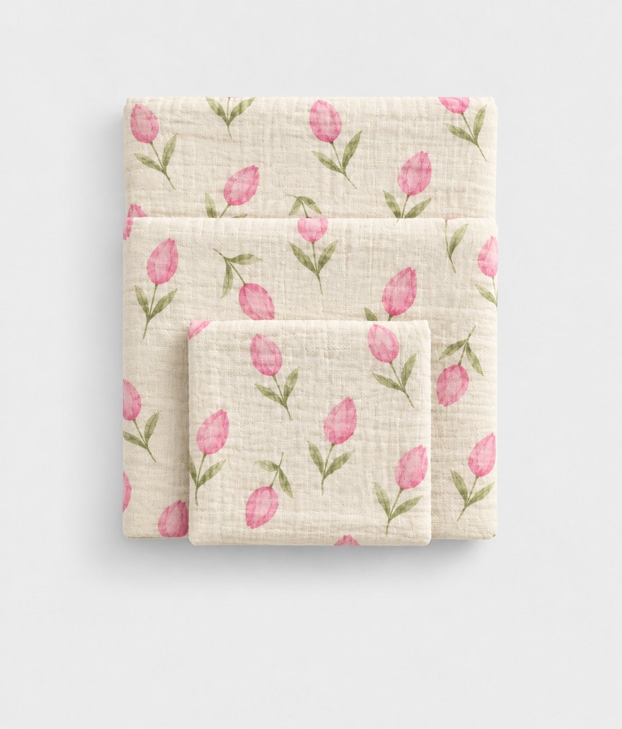 Tulip Garden cotton muslin towel set, folded