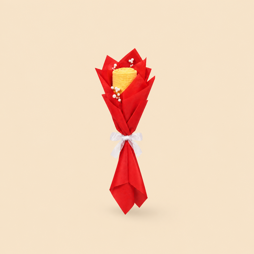 Malar Bouquet, CM Vijay edition, red-wrapped cotton muslin bouquet