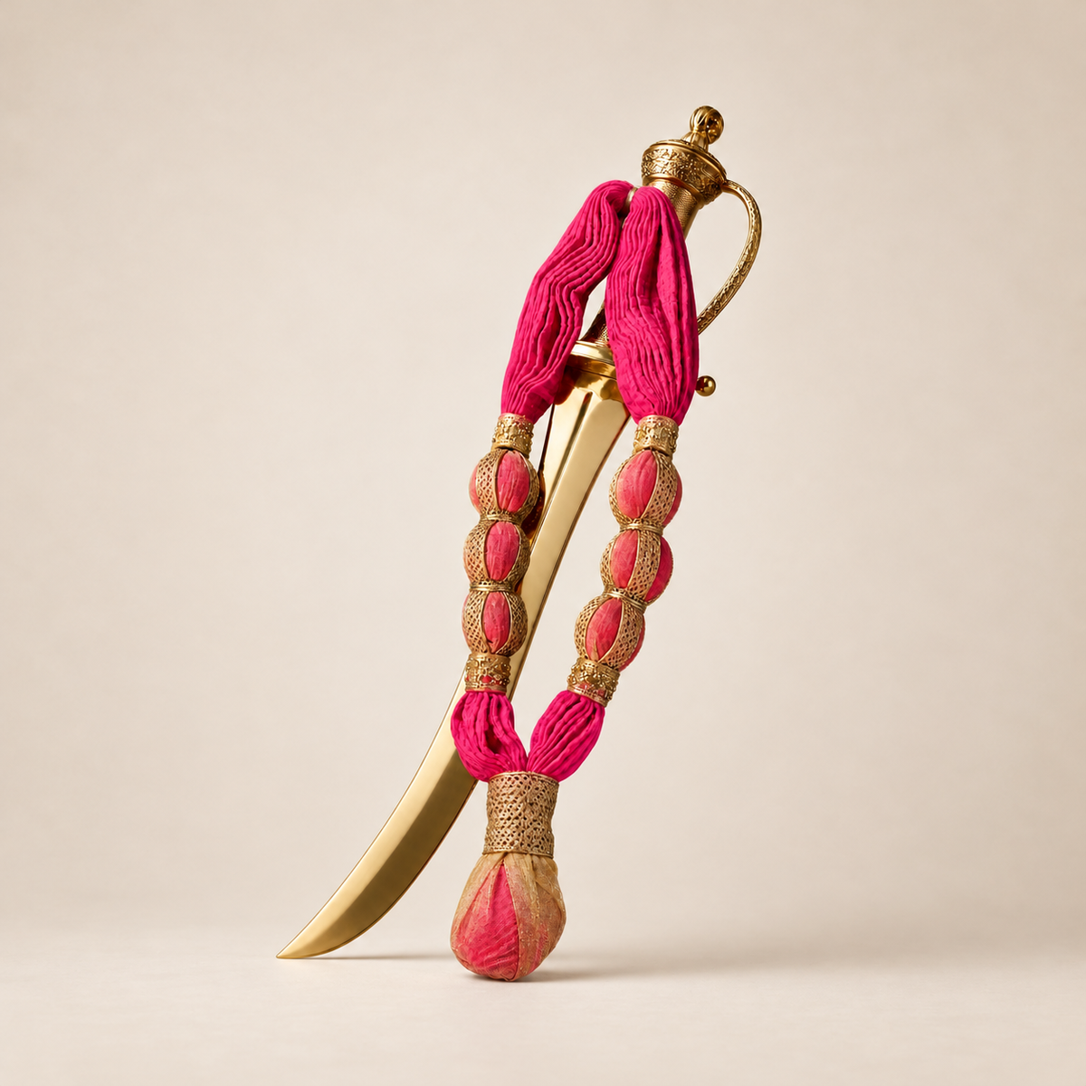 Maharaj Maala, raspberry cotton muslin garland with three decorated towel balls on each side, displayed on a golden sword