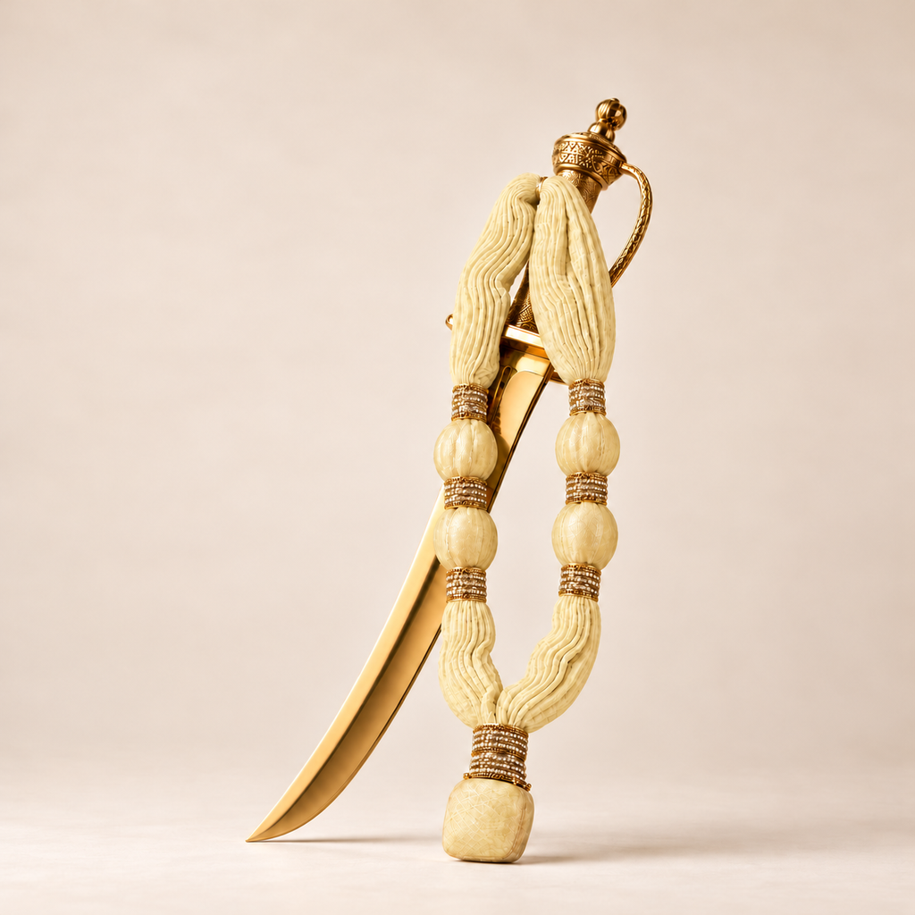 Raj Maala, yellow cotton muslin garland with two decorated towel balls on each side, displayed on a golden sword