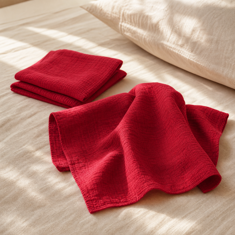 White Flowerr red muslin towels folded and unfolded on bed