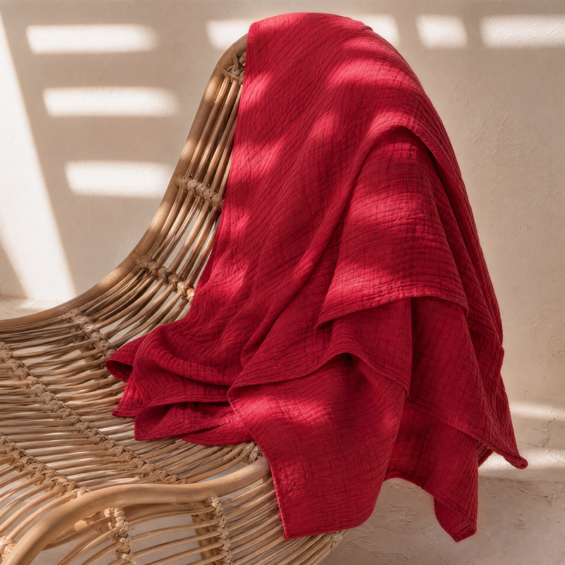 White Flowerr red muslin towel draped on rattan chair