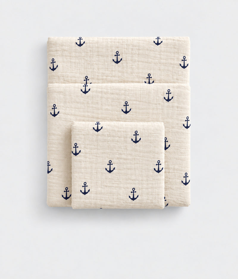 Deep Sea anchor print cotton muslin towel, folded flat lay, White Flowerr