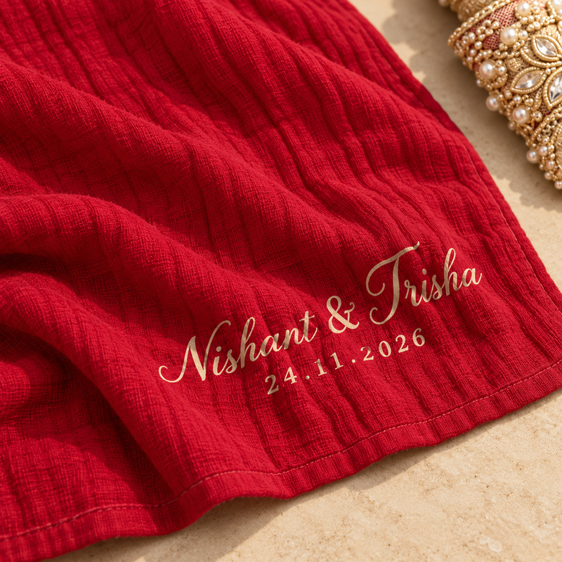 White Flowerr embroidered red muslin towel, personalized with couple's names