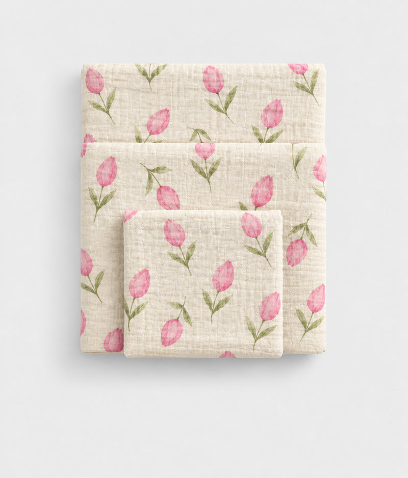 Tulip Garden tulip print cotton muslin towel, folded flat lay, White Flowerr