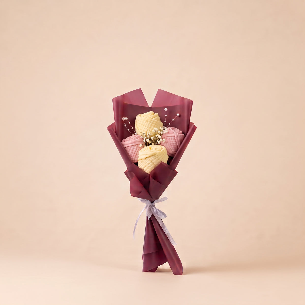 White Flowerr cotton towel bouquet in pink and ivory with pearl pins and baby's breath