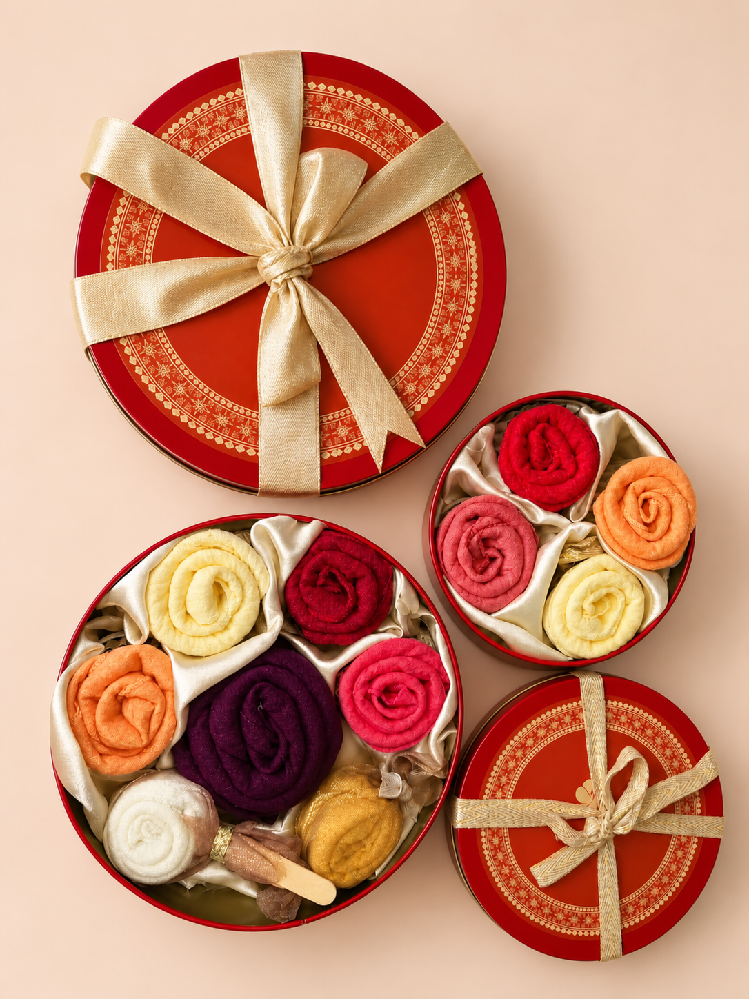 White Flowerr red and gold gifting tins with cotton muslin towel blooms on a peach background