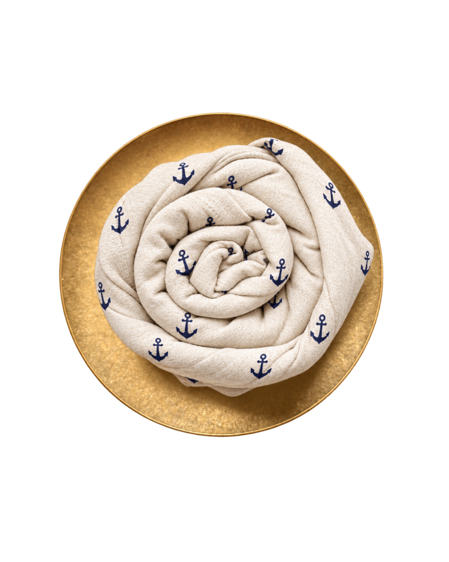 Deep Sea anchor-print muslin rose on a gold plate