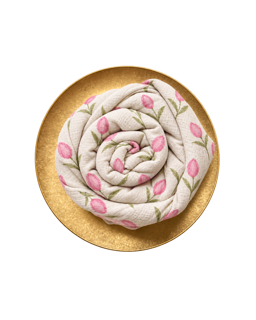 Tulip Garden muslin rose on a gold plate
