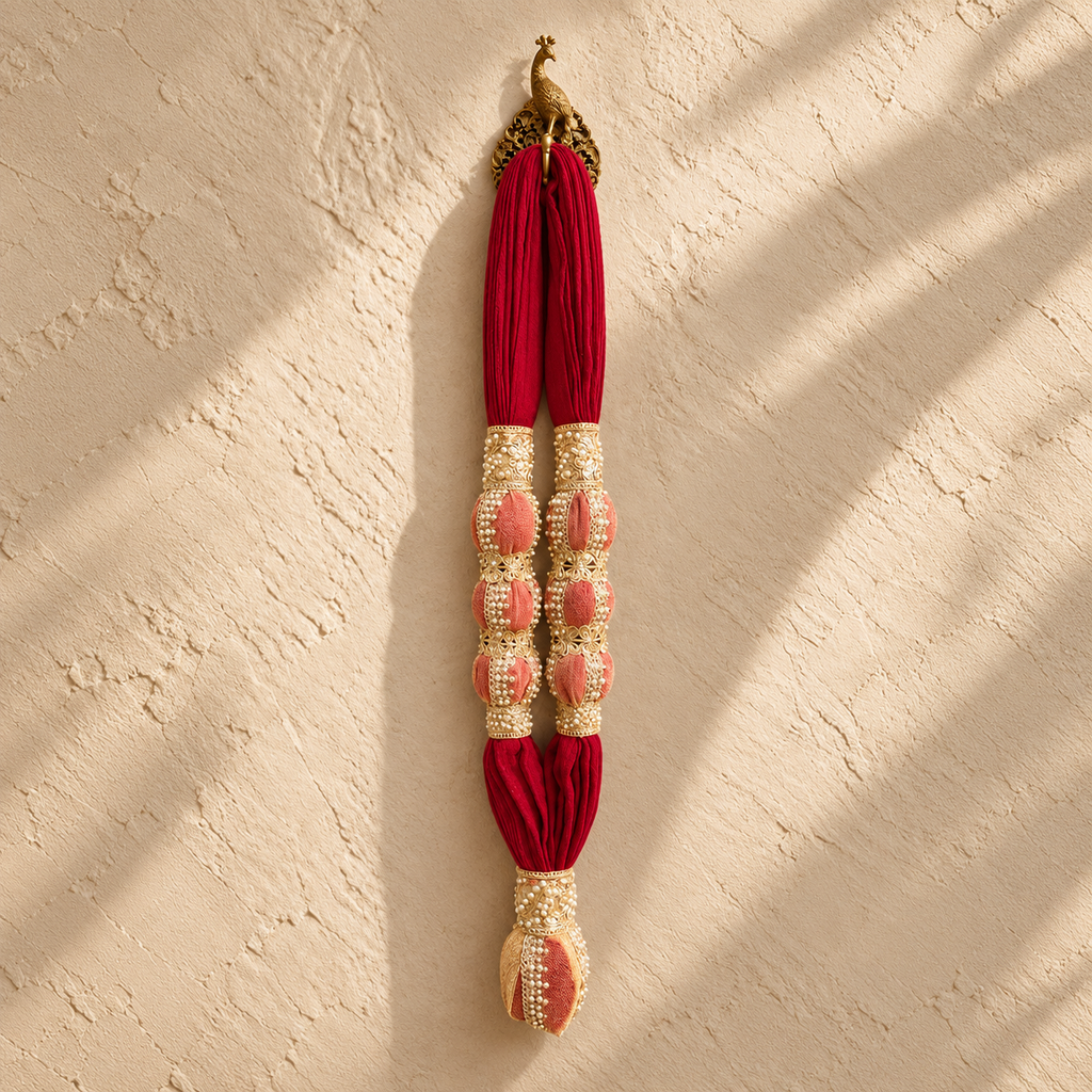 VVIP Maala, red cotton muslin garland with three decorated towel balls on each side