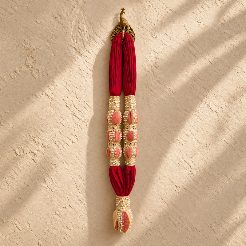 VVIP Maala, red cotton muslin garland with three decorated towel balls on each side